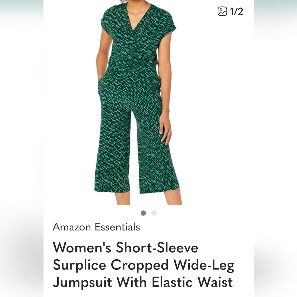 🔥2for$20 Green Short-Sleeve Surplice Cropped Wide Leg Jumpsuit - Picture 3 of 4